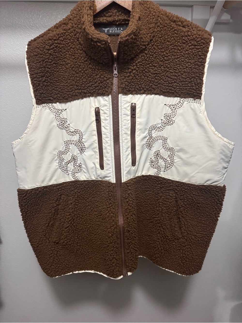 Lucky & Blessed Brown and Cream Sherpa Vest
